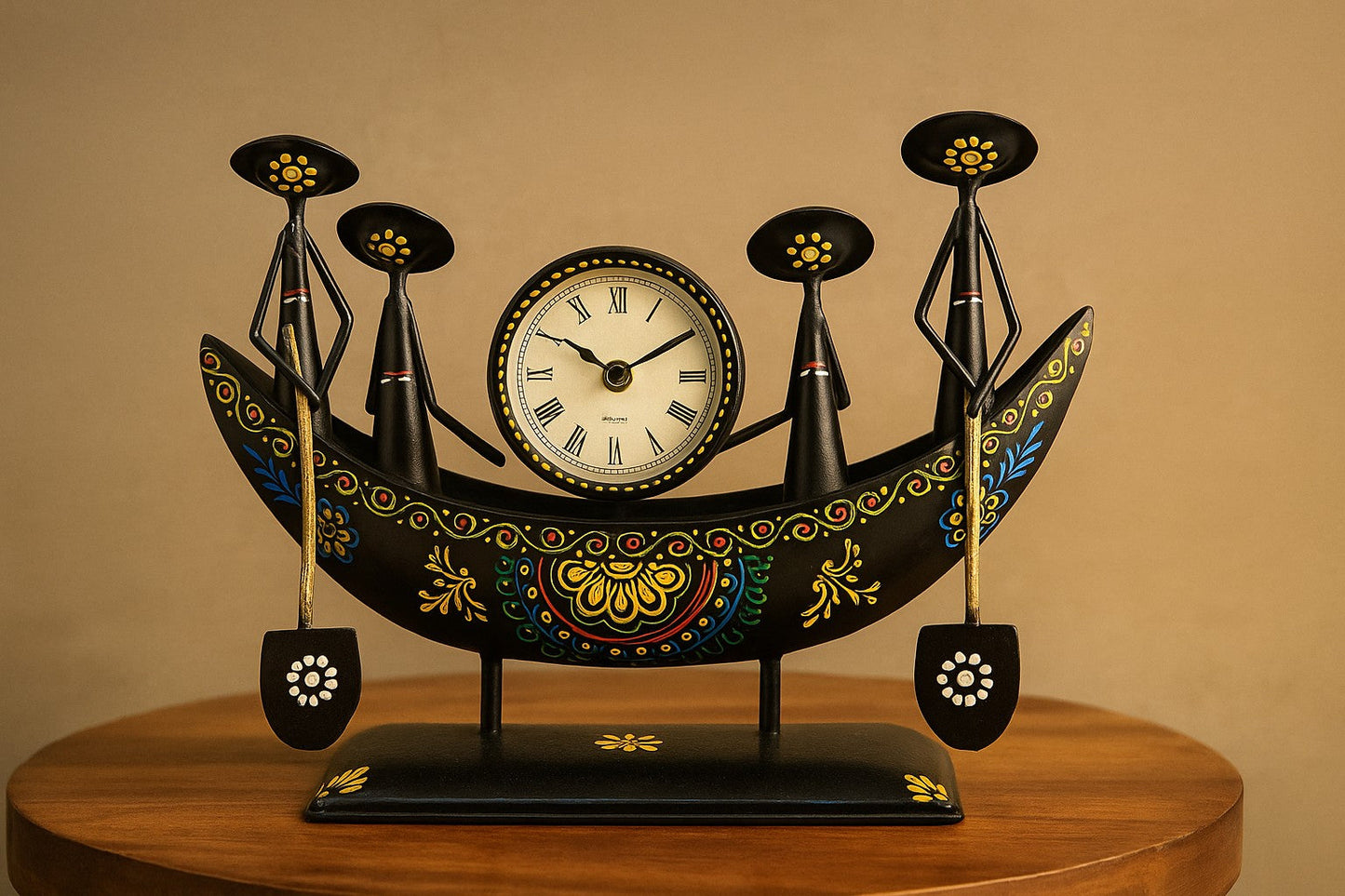 Handcrafted Boat Shaped Metal Table Clock – Tribal Art Decor – Nautical Rowing Boat Clock for Home, Office & Gifts