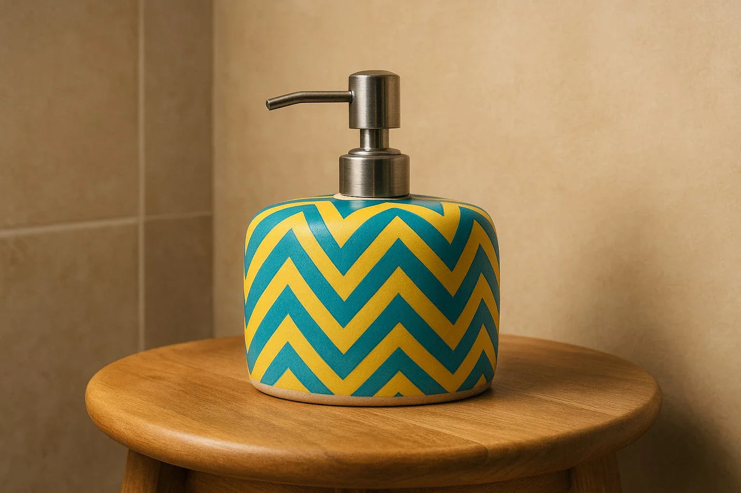 Handcrafted Ceramic Soap Dispenser – Modern Zigzag Design | Indian Artisan Bathroom & Kitchen Decor