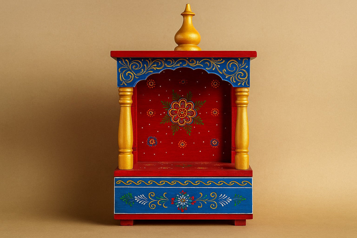 Hand-Painted Wooden Temple for Home – Traditional Wall-Mounted Pooja Mandir