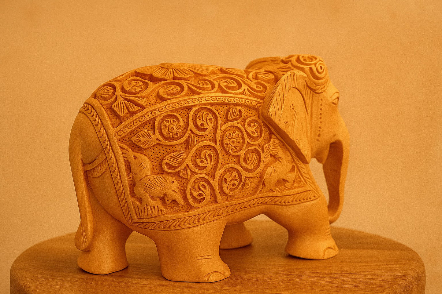 Hand-Carved Wooden Elephant Statue – Intricate Tribal Motif Carving – Traditional Indian Handicraft Home Decor
