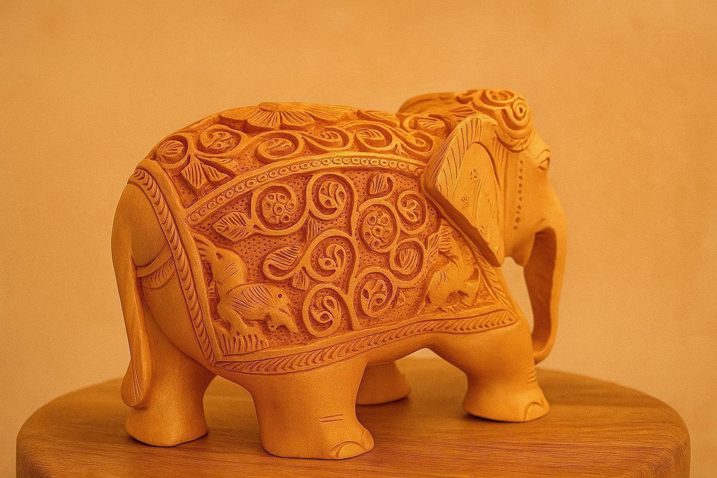 Hand-Carved Wooden Elephant Statue – Intricate Tribal Motif Carving – Traditional Indian Handicraft Home Decor