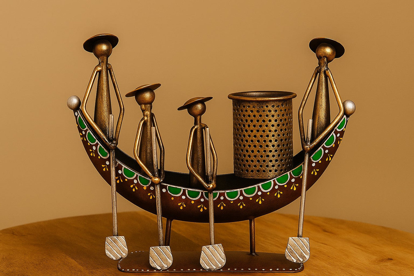 Handcrafted Metal Boat Desk Organizer with Tribal Rowers – Pen & Brush Holder – Ethnic Tabletop Art for Office or Home Decor