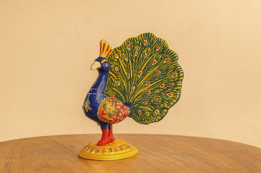 Handpainted Brass Peacock Figurine – Vibrant Indian Decor Accent – Traditional Folk Art for Home & Gifting