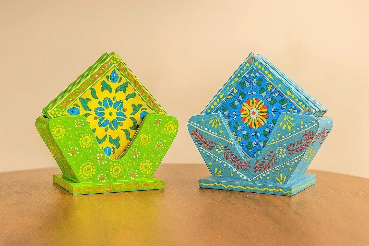 Hand-Painted Wooden Tea Coaster Set with Blue Pottery Art – 4 Coasters with Stand – Ceramic Style Floral Design