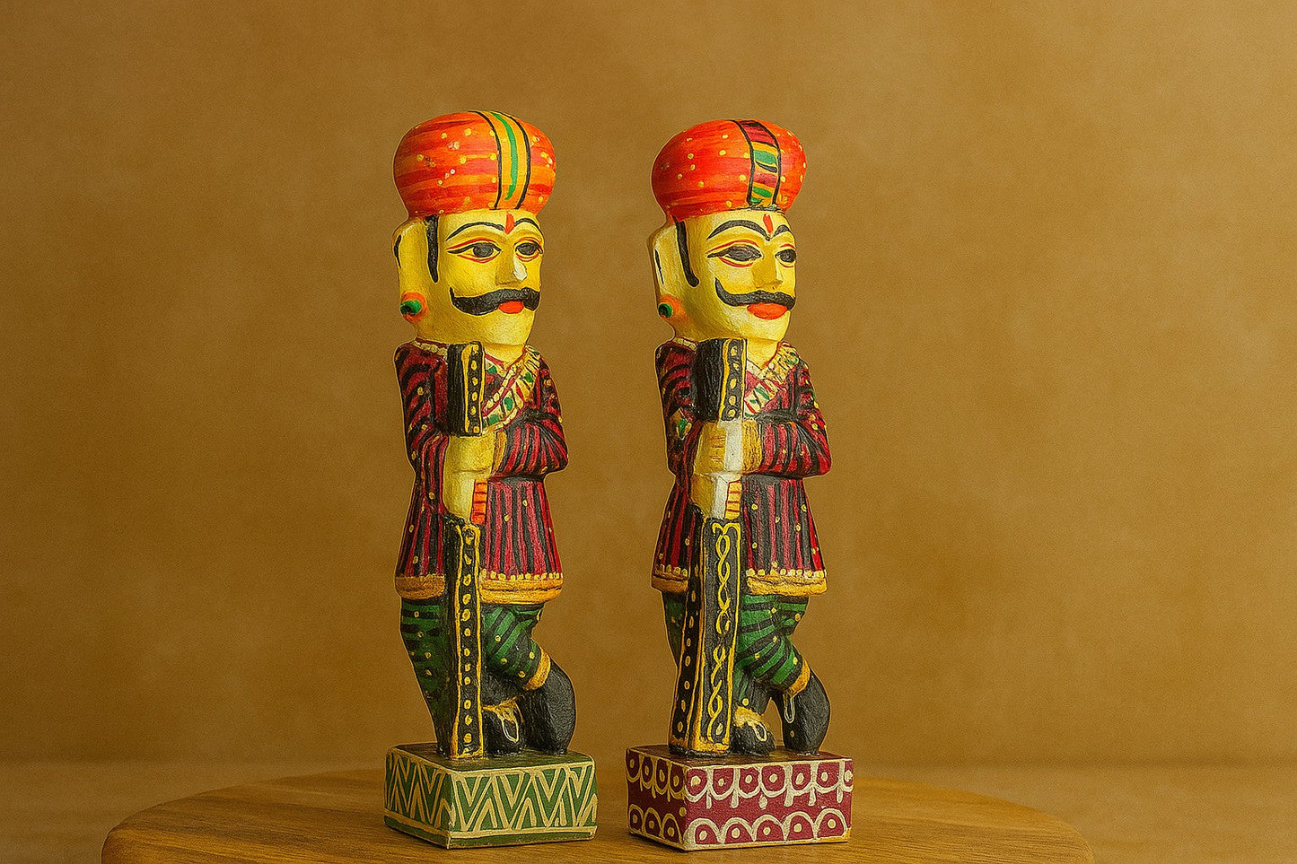Rajasthani Wooden Royal Guard Statues – Handcrafted Decorative Pair – Ethnic Indian Home Decor Showpiece