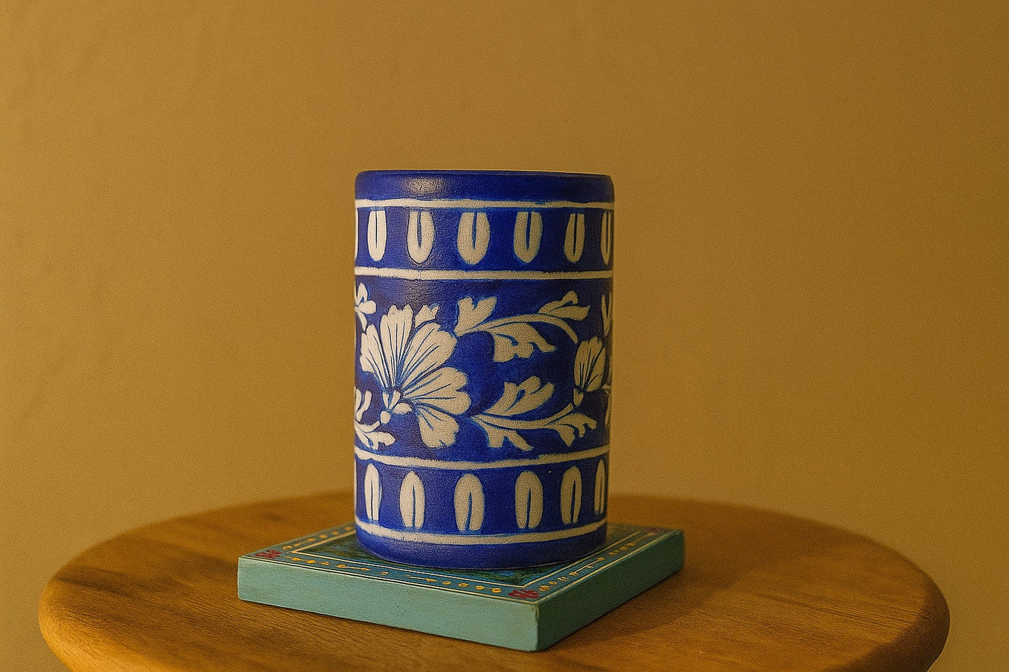 Hand-Painted Ceramic Tumbler – Indian Blue Pottery Drinkware for Tea & Coffee | Floral Design Pottery Glass