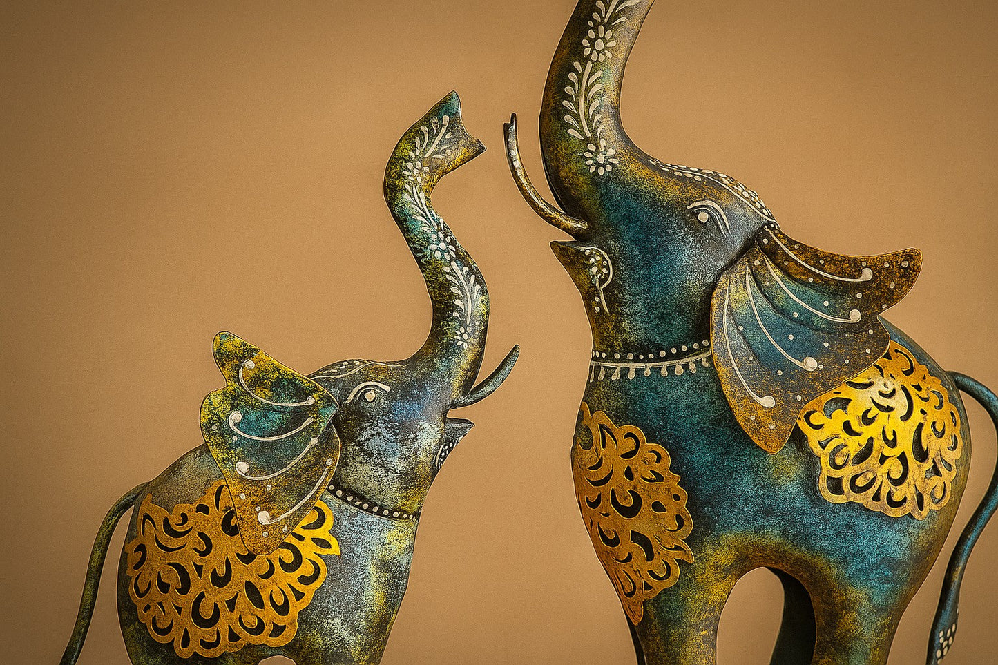Handcrafted Metal Elephant Pair - Indian Decor Figurines for Home, Office, or Gift | Antique Patina Finish