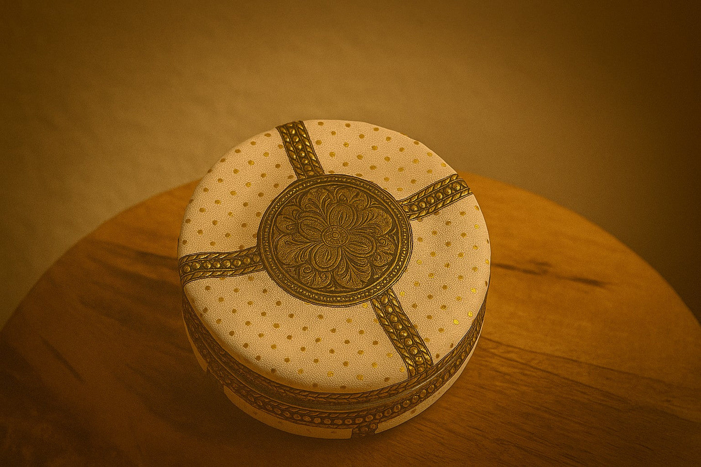 Decorative Steel Storage Box – Embossed Art Design Indian Handicraft – Round Metal Container
