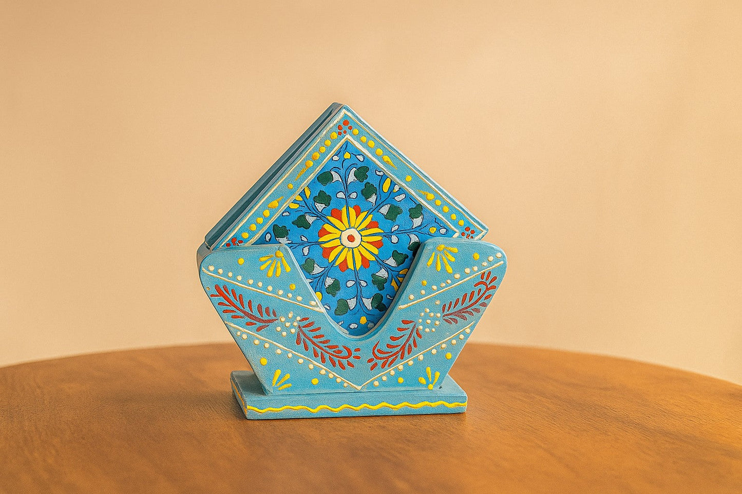Hand-Painted Wooden Tea Coaster Set with Blue Pottery Art – 4 Coasters with Stand – Ceramic Style Floral Design