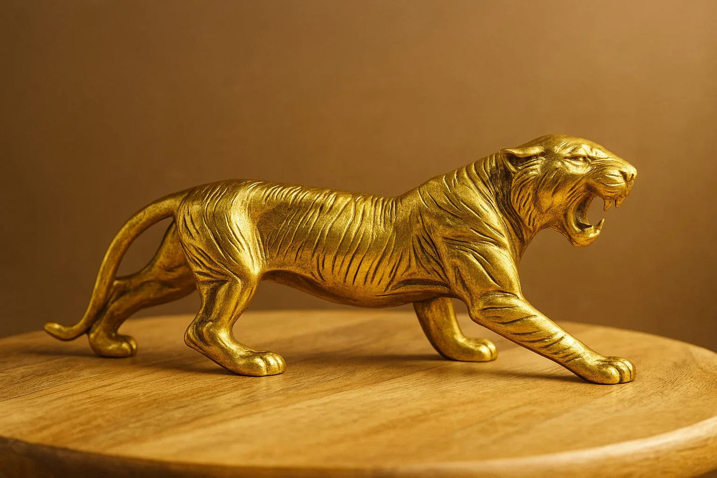 Solid Brass Tiger Figurine – Golden Roaring Big Cat Sculpture | Luxury Wildlife Decor & Statement Piece