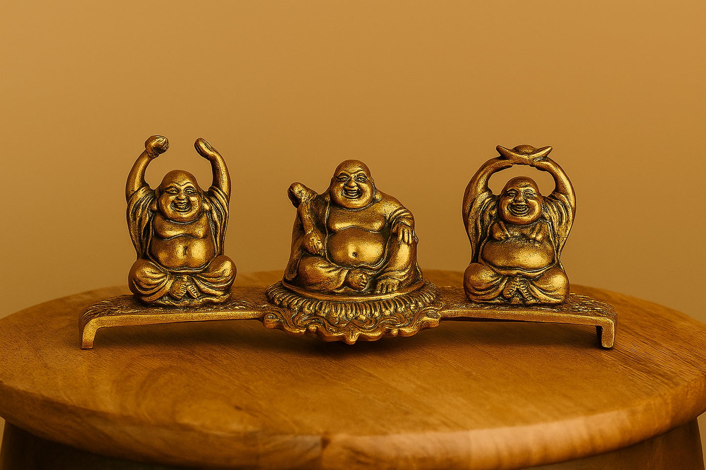 Brass Laughing Buddha Statue Set – Three Happy Buddha Figurines on a Base | Feng Shui Decor for Prosperity & Luck