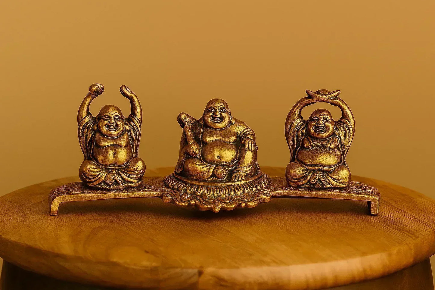 Brass Laughing Buddha Statue Set – Three Happy Buddha Figurines on a Base | Feng Shui Decor for Prosperity & Luck
