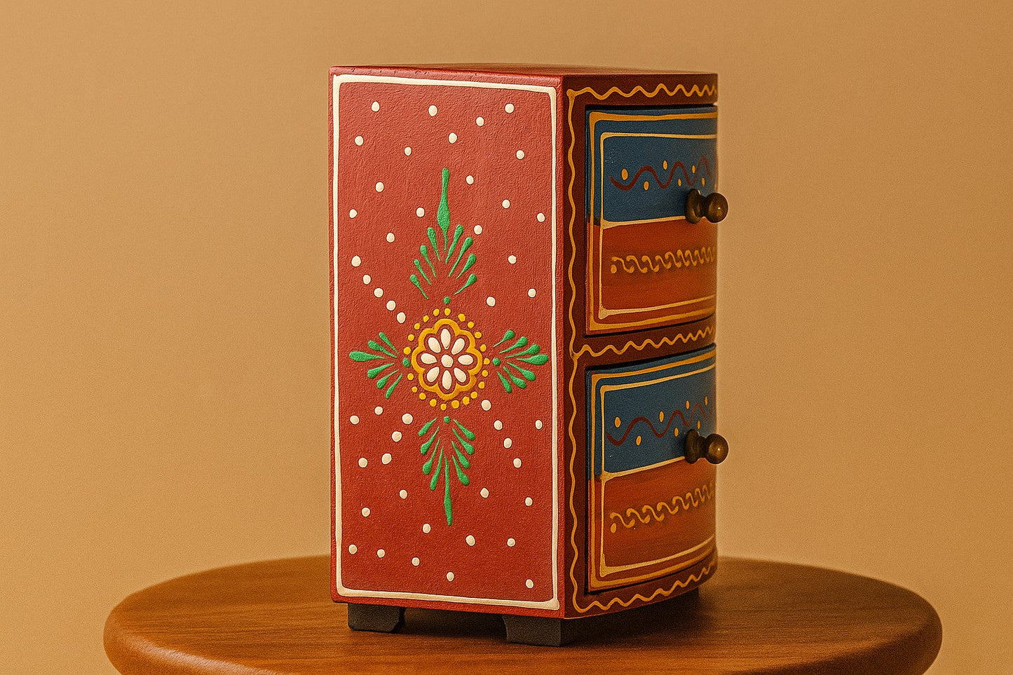 Hand-Painted Mini Wooden Chest with 2 Drawers β Colorful Rajasthani Boho Jewelry Organizer & Tabletop Storage Box
