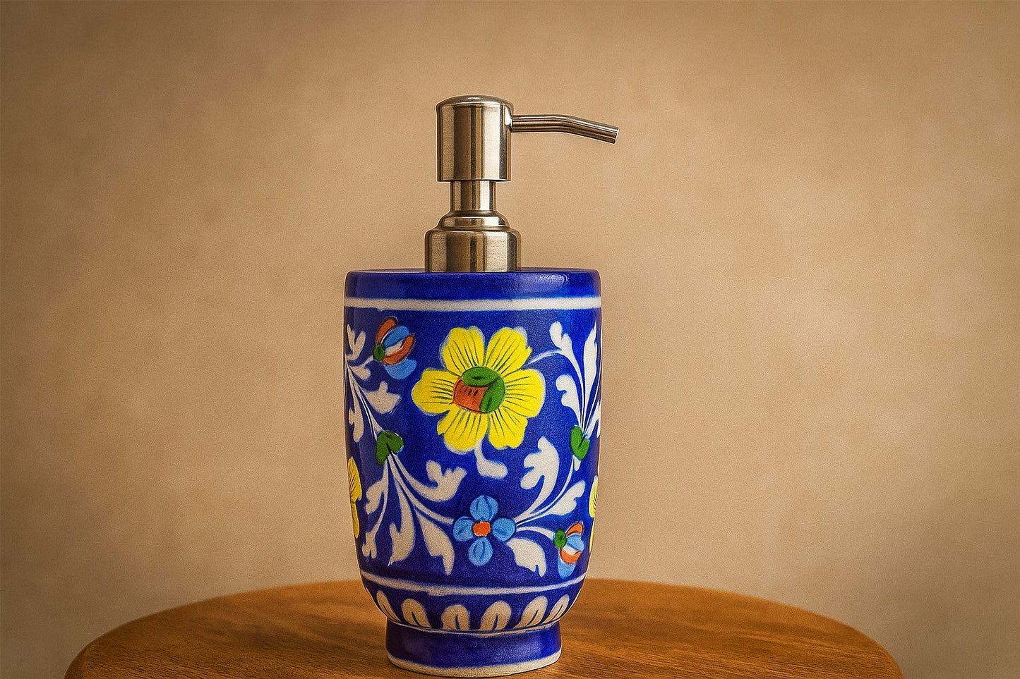 Handcrafted Blue Pottery Soap Dispenser – Indian Floral Ceramic for Bathroom & Kitchen | Folk Art Decor