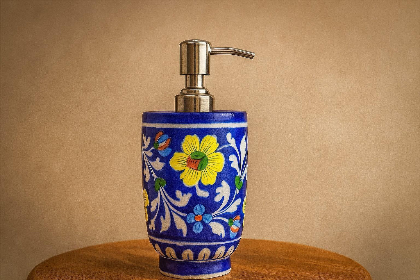 Handcrafted Blue Pottery Soap Dispenser – Indian Floral Ceramic for Bathroom & Kitchen | Folk Art Decor