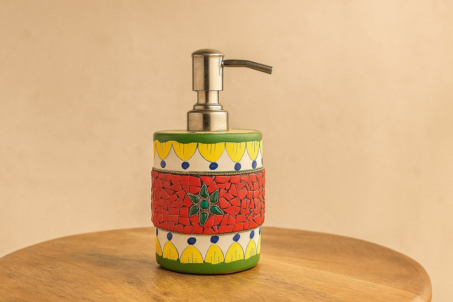 Handcrafted Ceramic Soap Dispenser – Indian Mosaic Bathroom & Kitchen Decor | Boho & Folk Art Style