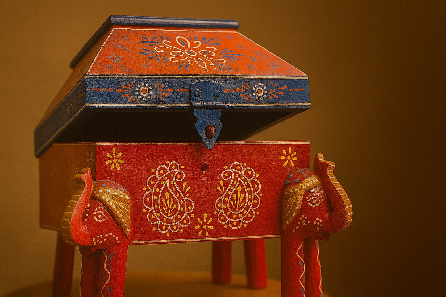 Hand-Painted Wooden 4 Elephant Storage Box – Traditional Rajasthani Folk Art – Indian Handicraft Jewelry Box