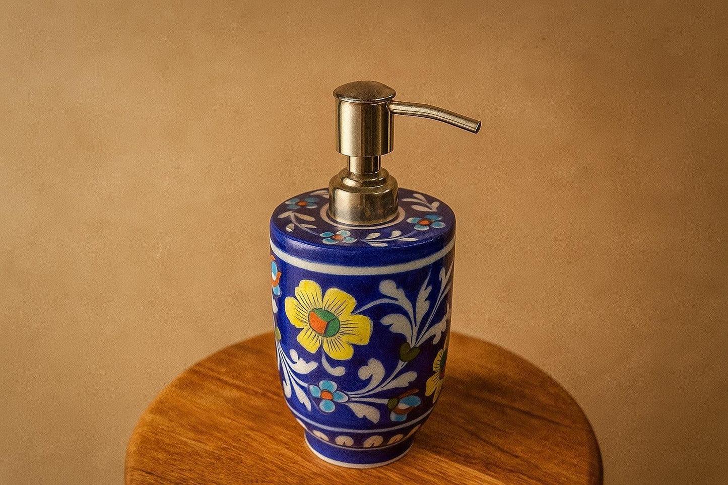 Handcrafted Blue Pottery Soap Dispenser – Indian Floral Ceramic for Bathroom & Kitchen | Folk Art Decor