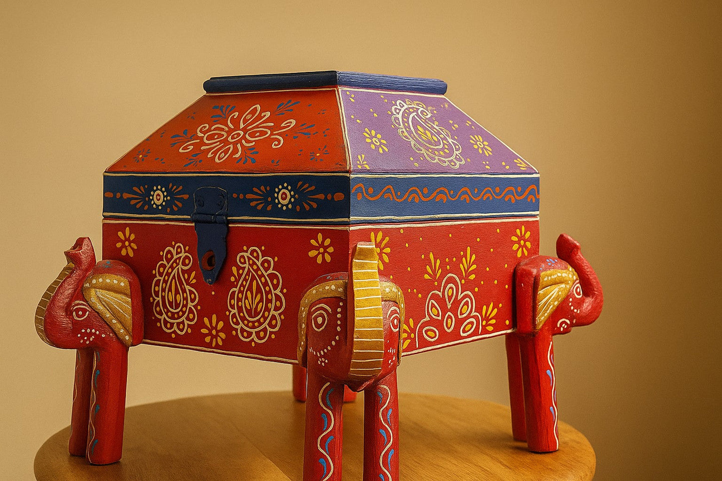 Hand-Painted Wooden 4 Elephant Storage Box – Traditional Rajasthani Folk Art – Indian Handicraft Jewelry Box