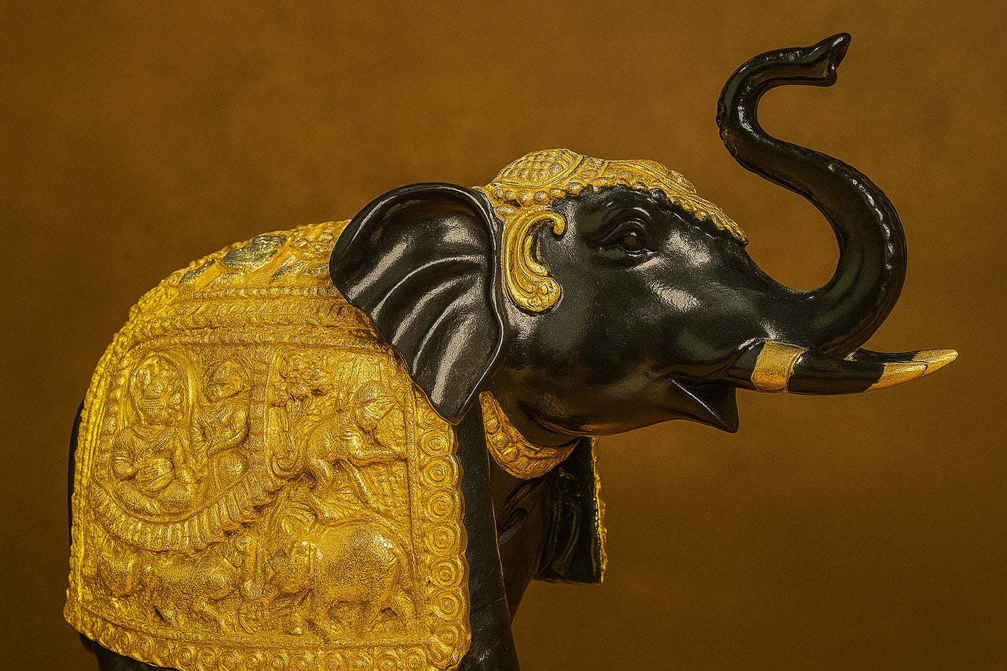 Black & Gold Resin Elephant Showpiece – Embossed Royal Design – Good Luck Decor for Home, Office & Gifting