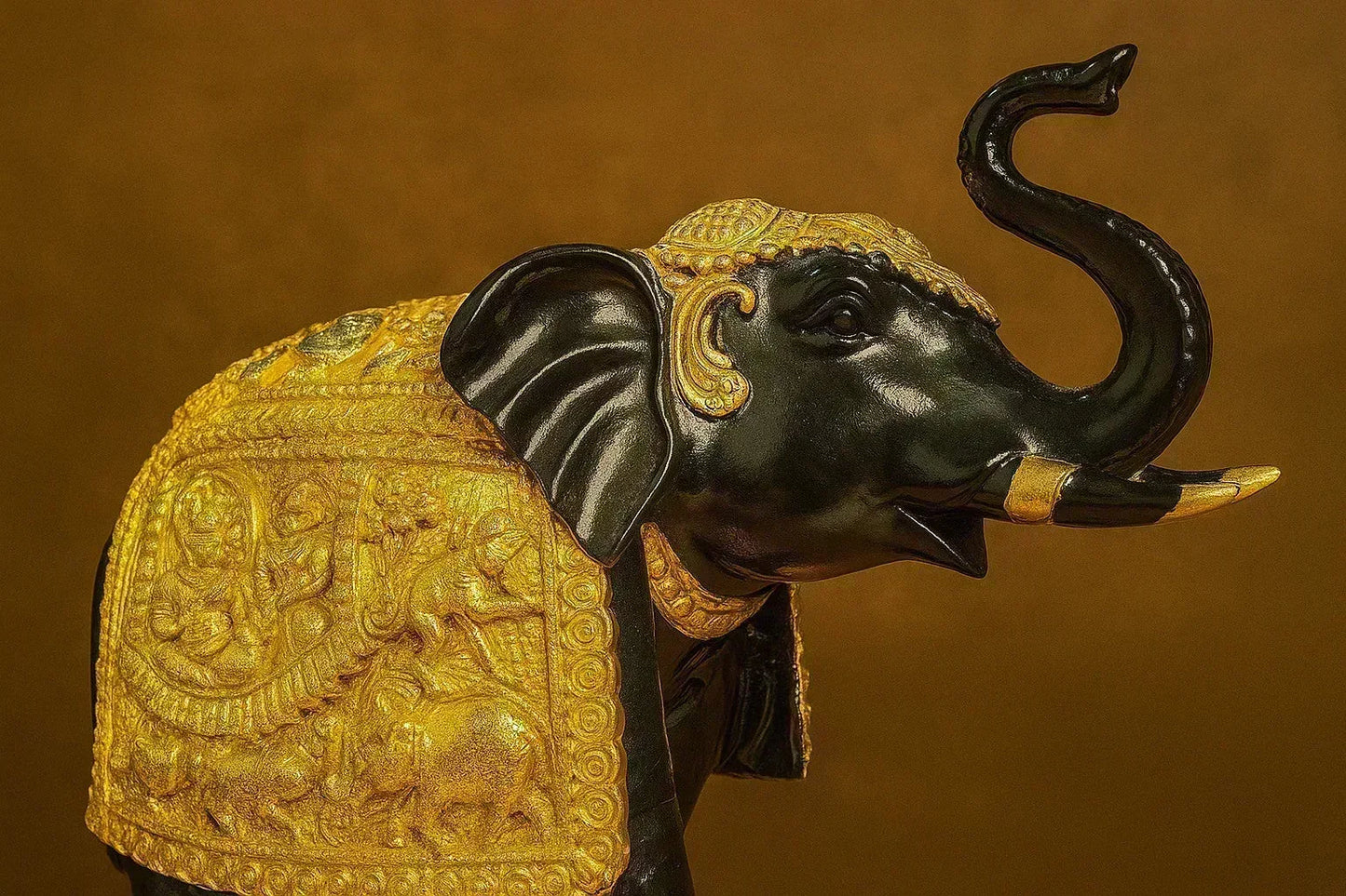 Black & Gold Resin Elephant Showpiece – Embossed Royal Design – Good Luck Decor for Home, Office & Gifting