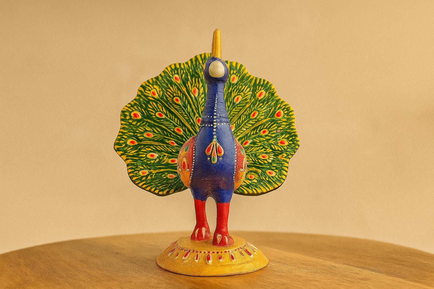 Handpainted Brass Peacock Figurine – Vibrant Indian Decor Accent – Traditional Folk Art for Home & Gifting