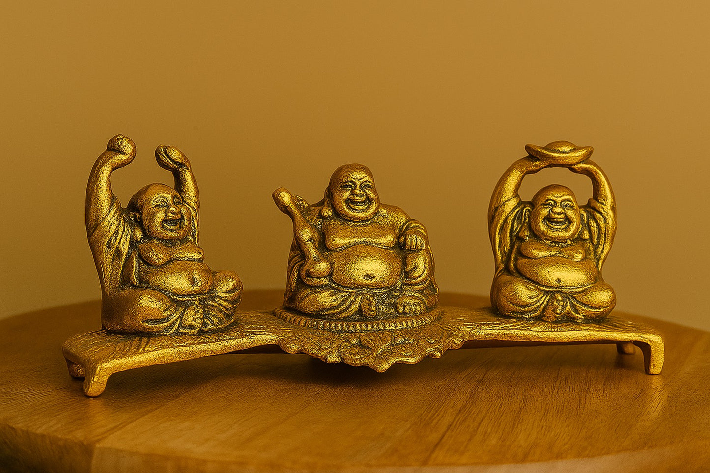 Brass Laughing Buddha Statue Set – Three Happy Buddha Figurines on a Base | Feng Shui Decor for Prosperity & Luck