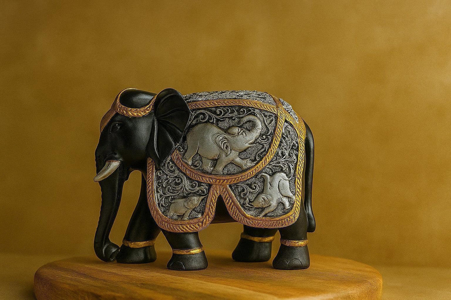 Resin Elephant Figurine – Black & Gold with Embossed Silver Detailing – Premium Home Decor Statue