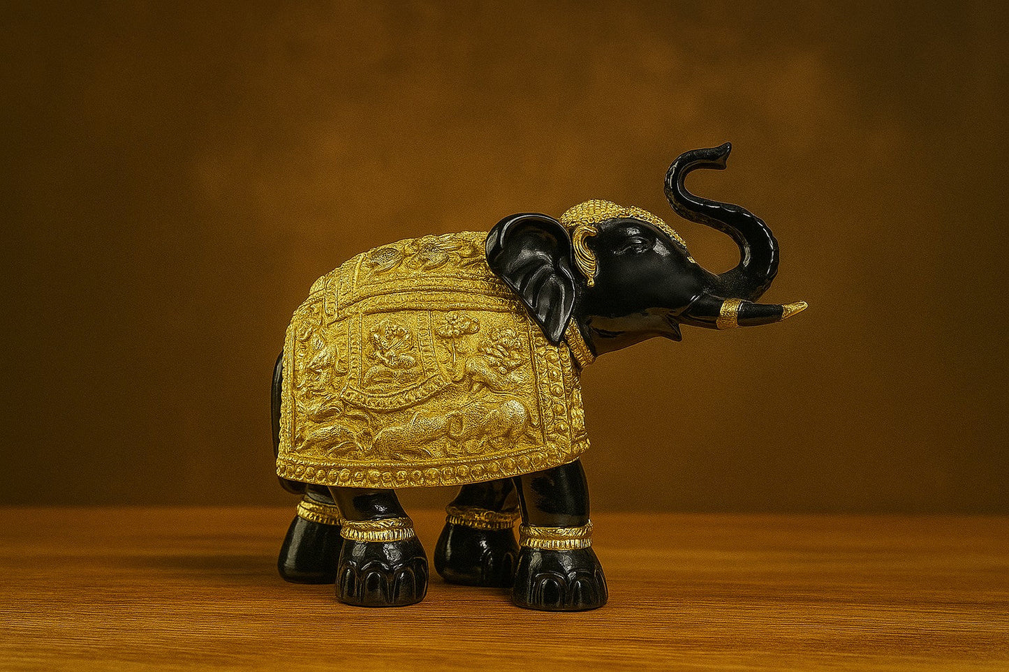 Black & Gold Resin Elephant Showpiece – Embossed Royal Design – Good Luck Decor for Home, Office & Gifting