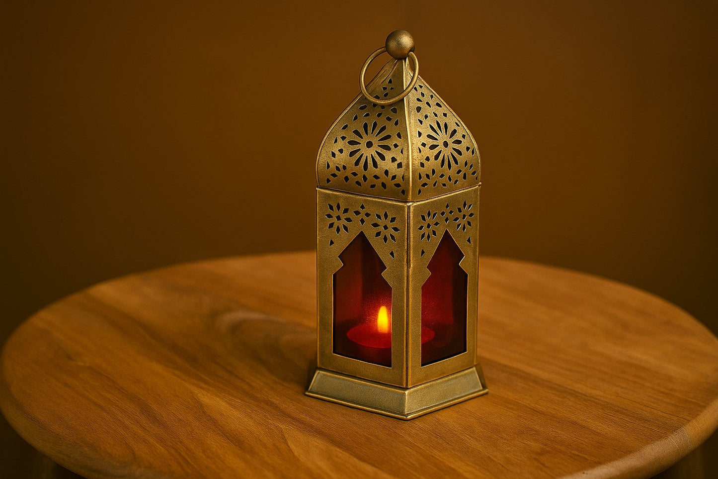 Antique Metal Lantern β Moroccan Style Decorative Candle Lamp with Red Glass Panels