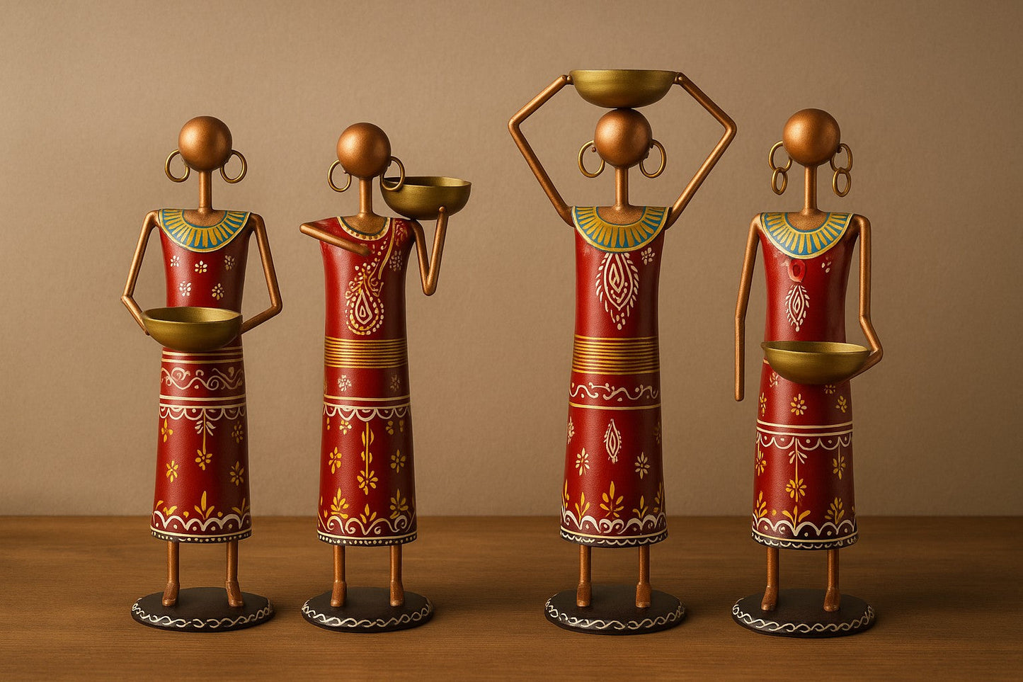 Handcrafted NREGA Tribal Metal Figurines – Set of 4 Working Women with Bowls – Indian Folk Art Decorative Showpieces