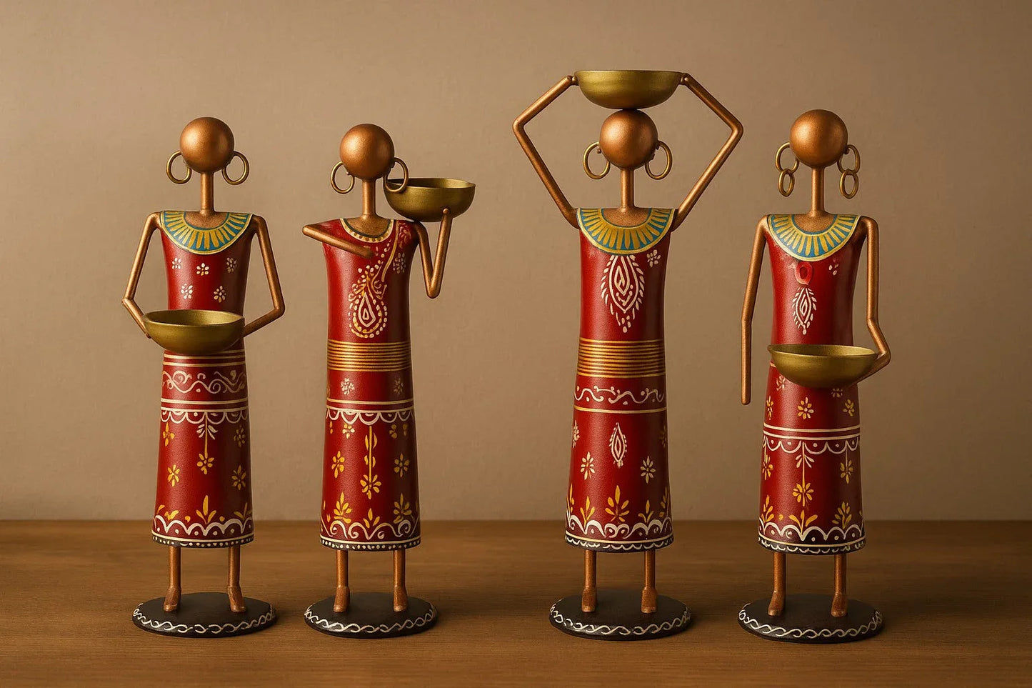 Handcrafted NREGA Tribal Metal Figurines – Set of 4 Working Women with Bowls – Indian Folk Art Decorative Showpieces