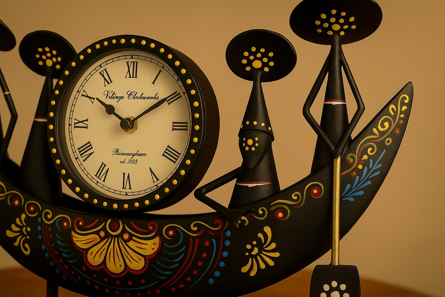 Handcrafted Boat Shaped Metal Table Clock – Tribal Art Decor – Nautical Rowing Boat Clock for Home, Office & Gifts