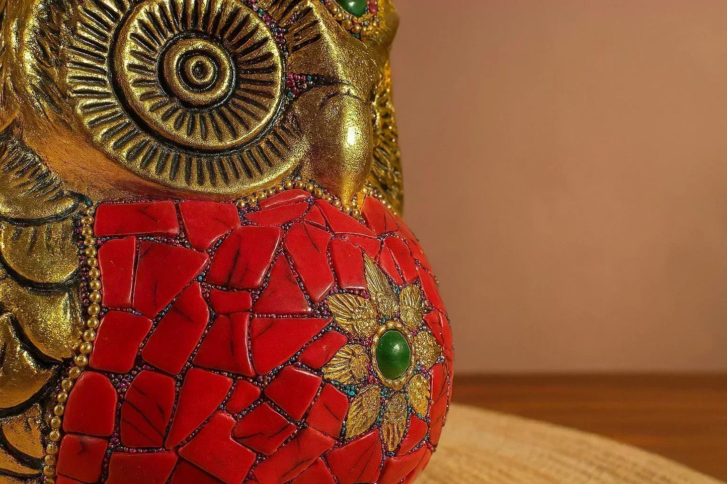 Handcrafted Metal Owl Figurine with Mosaic Stone Art - Decorative Brass Owl Statue for Home Decor - Wisdom Symbol Gift