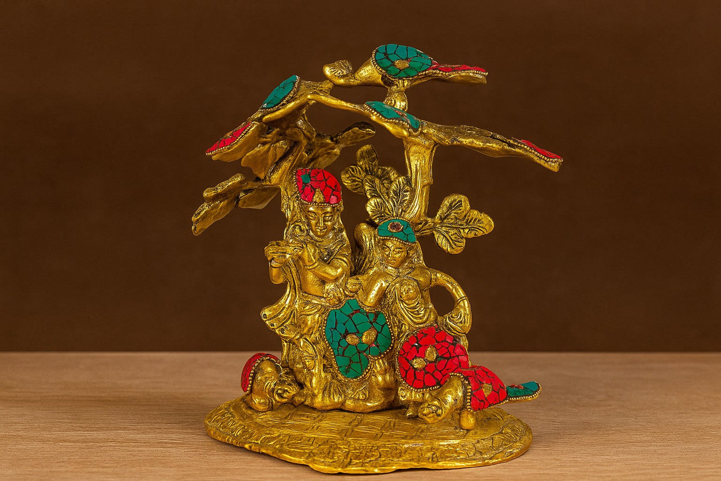 Handcrafted Brass Krishna Radha Tree Sculpture with Turquoise Stone Inlay - Traditional Indian Religious Art Figurine