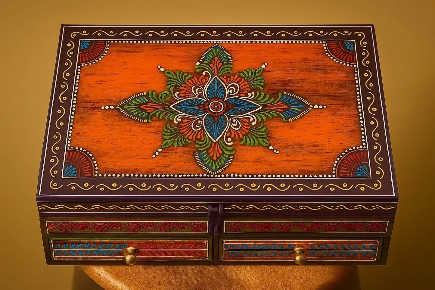 Handpainted Wooden Jewelry Box with Drawers - Folk Art Multi-Compartment Organizer - Traditional Indian Storage Chest with Floral Mandala Design