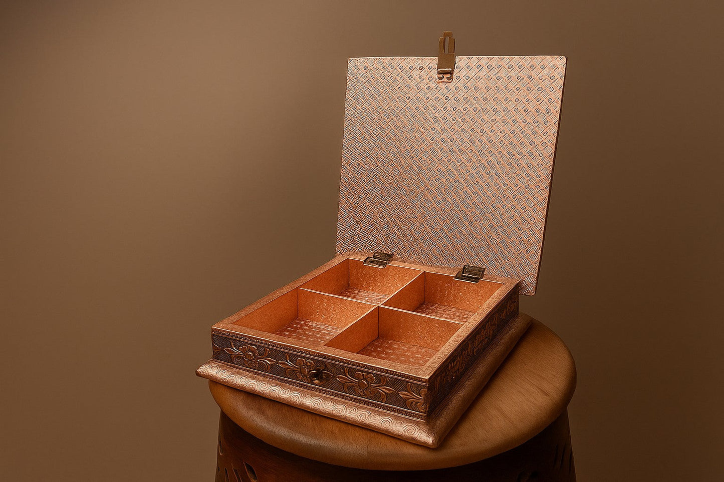 Handcrafted Wooden Jewelry Box with Peacock Feather Design - Traditional Carved Jewelry Organizer with 4 Compartments - Artisan Keepsake Storage Box