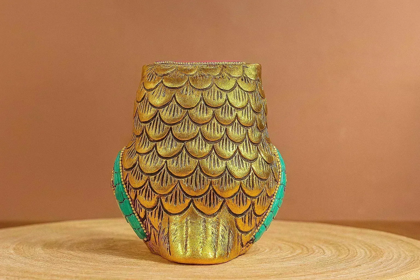 Handcrafted Metal Owl Figurine with Mosaic Stone Art - Decorative Brass Owl Statue for Home Decor - Wisdom Symbol Gift