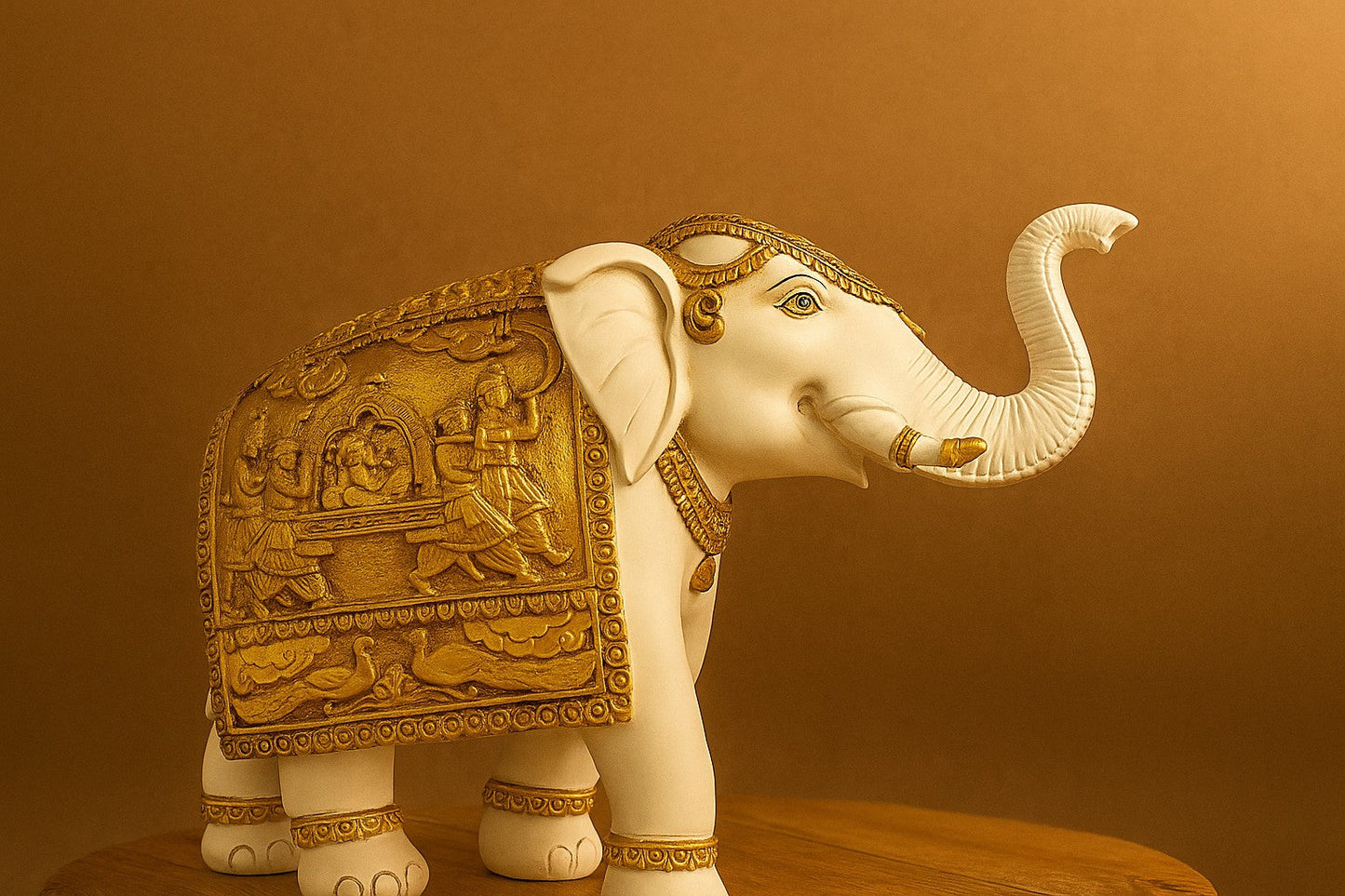 Handcrafted Resin Elephant Figurine with Golden Relief Work - Traditional Indian Decor Statue - Feng Shui Elephant for Home Living Room