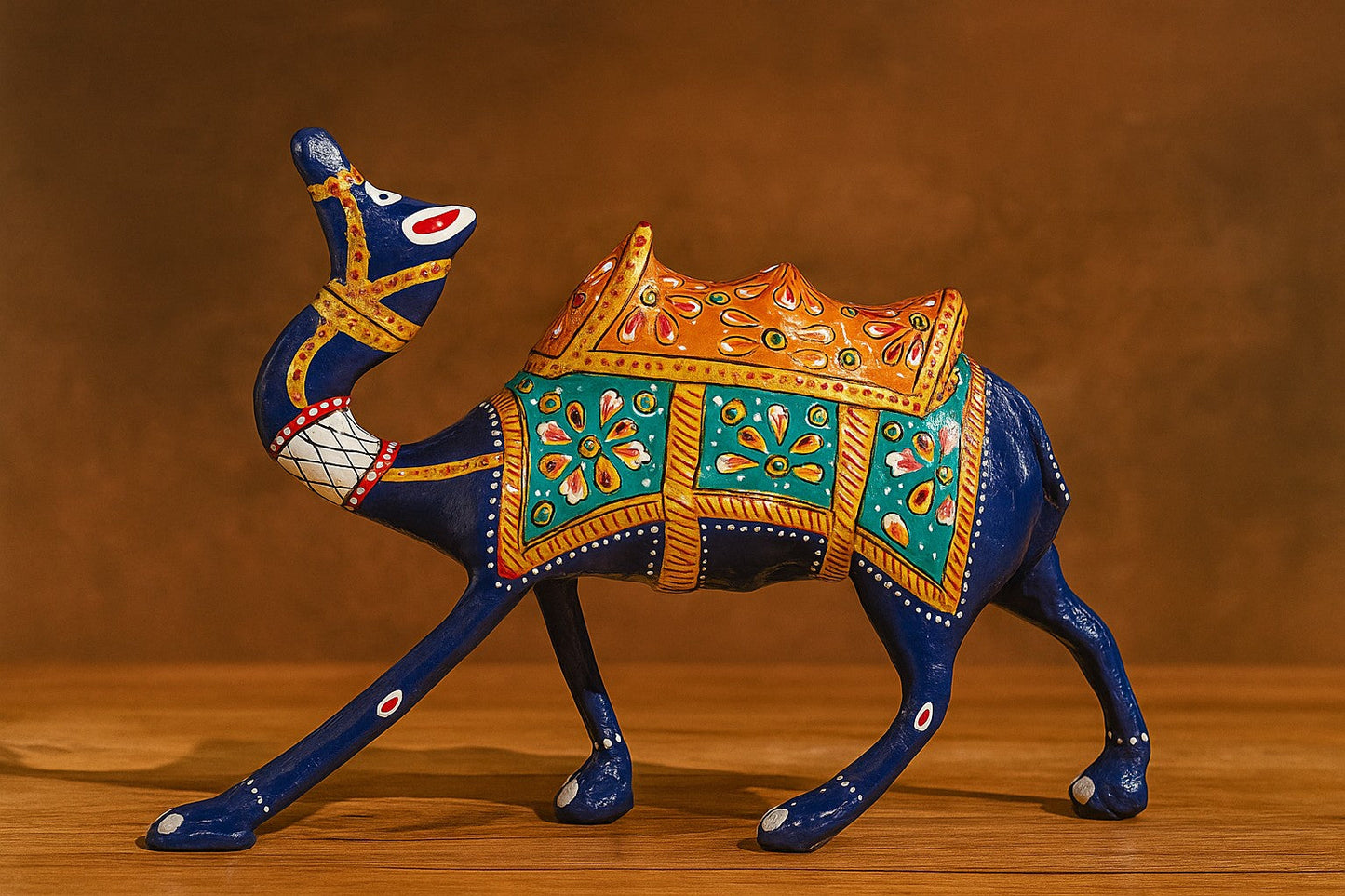 Handpainted Brass Camel Figurine Indian Folk Art - Traditional Home Decor Sculpture - Royal Blue Rajasthani Design