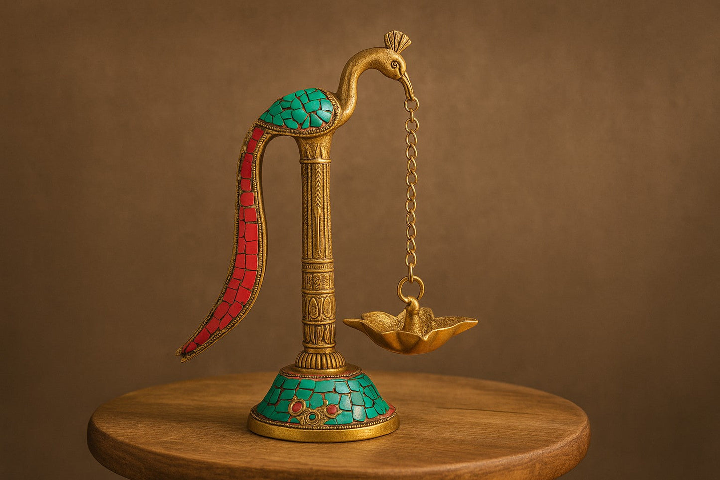Handcrafted Brass Peacock Diya with Mosaic Stone Inlay - Traditional Indian Oil Lamp for Diwali & Home Decor - Artisan Metal Work with Turquoise Red Stones