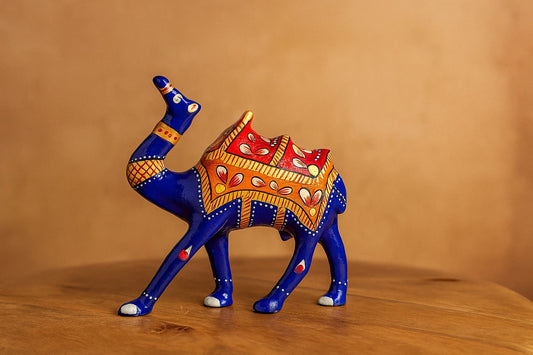 Handpainted Brass Camel Figurine with Raised Trunk - Indian Folk Art Decor - Royal Blue Traditional Rajasthani Design