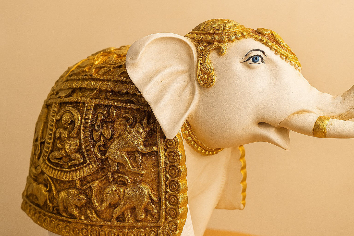 White Resin Elephant Figurine with Golden Details - Decorative Indian Elephant Statue for Good Luck & Home Decor - Ornate Ceremonial Elephant Sculpture