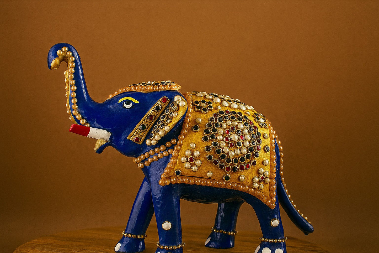Handcrafted Brass Elephant Figurine with Gemstone Inlay - Traditional Indian Art Statue - Royal Blue Decorative Elephant Sculpture