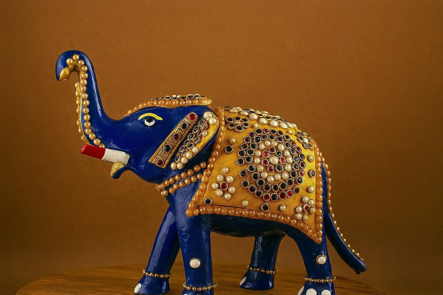 Handcrafted Brass Elephant Figurine with Gemstone Inlay - Traditional Indian Art Statue - Royal Blue Decorative Elephant Sculpture