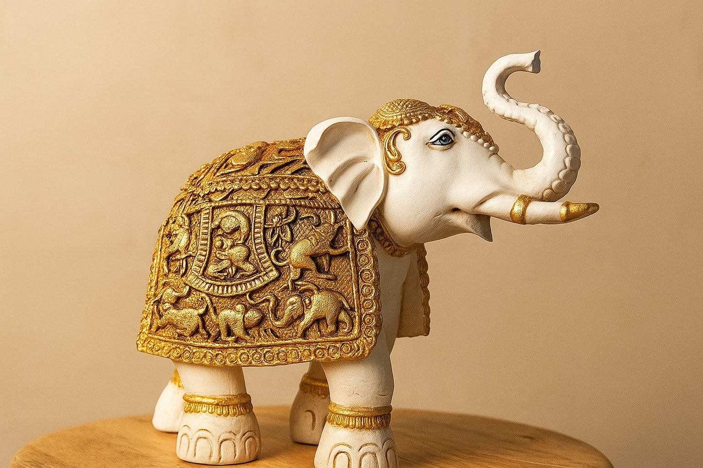 White Resin Elephant Figurine with Golden Details - Decorative Indian Elephant Statue for Good Luck & Home Decor - Ornate Ceremonial Elephant Sculpture