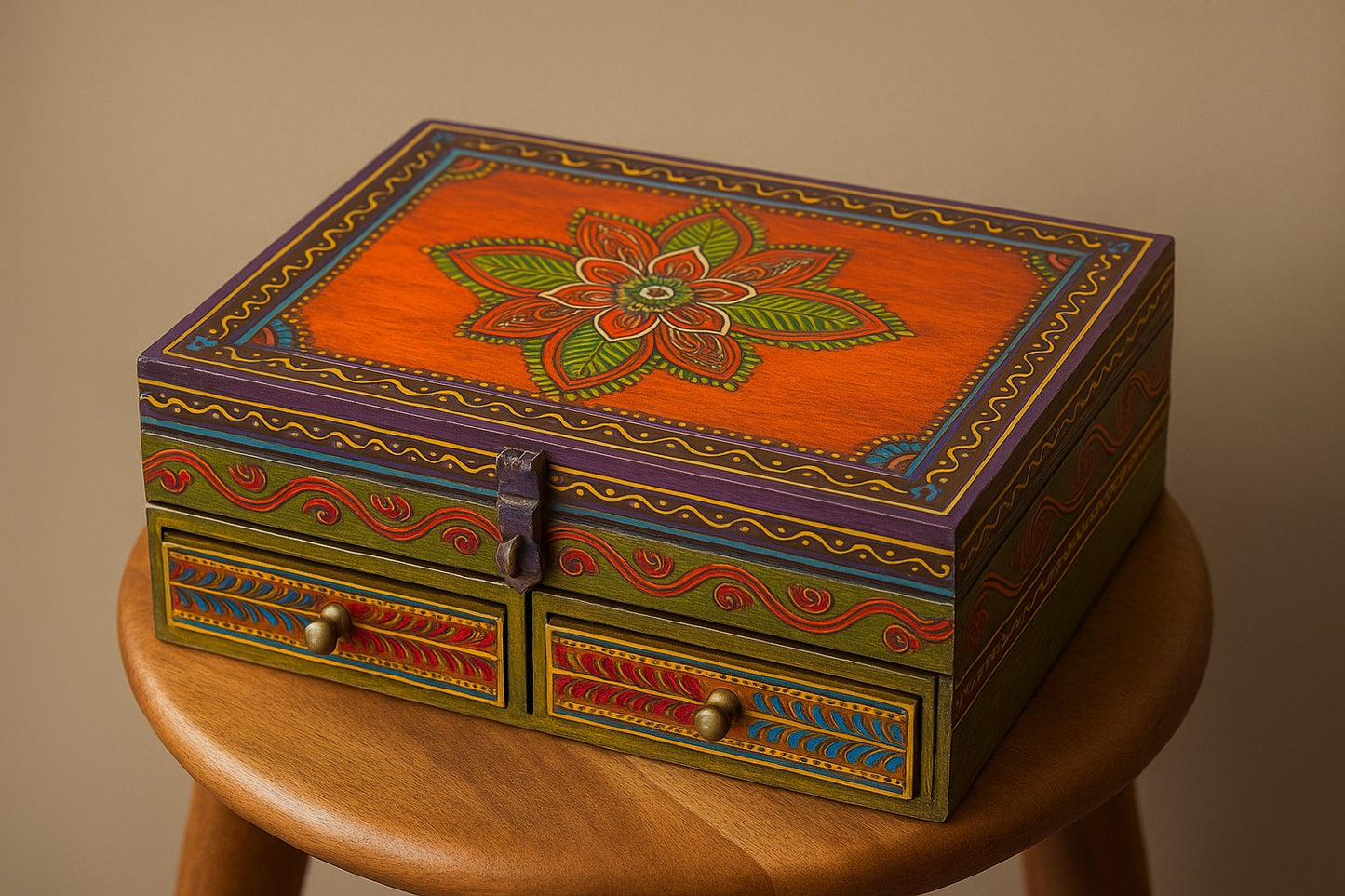 Handpainted Wooden Jewelry Box with Drawers - Folk Art Multi-Compartment Organizer - Traditional Indian Storage Chest with Floral Mandala Design