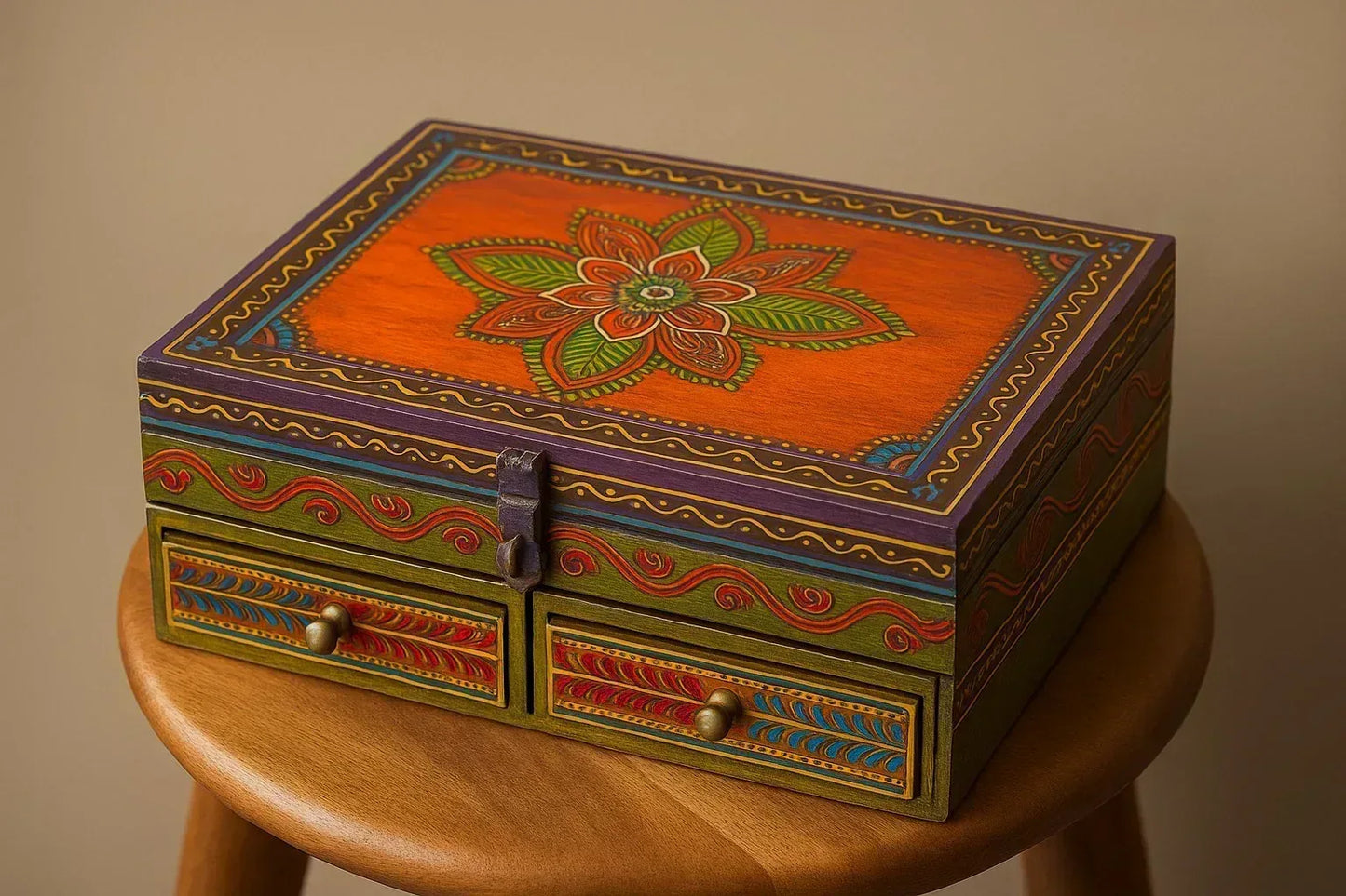 Handpainted Wooden Jewelry Box with Drawers - Folk Art Multi-Compartment Organizer - Traditional Indian Storage Chest with Floral Mandala Design