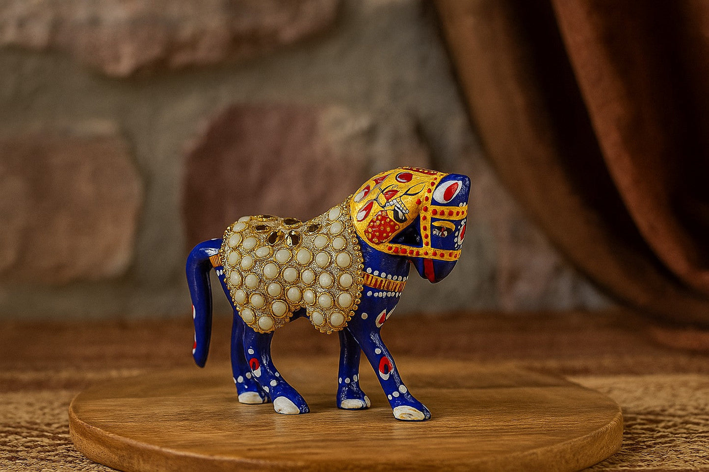Handpainted Brass Horse Figurine with Pearl Inlay - Traditional Indian Art Statue - Royal Blue Decorative Horse Sculpture