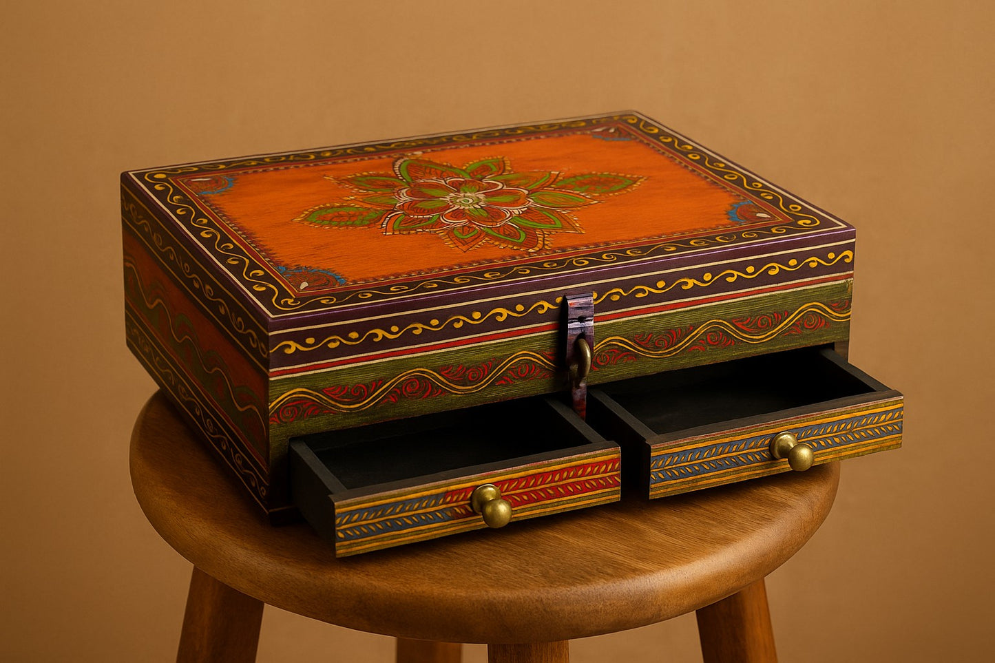 Handpainted Wooden Jewelry Box with Drawers - Folk Art Multi-Compartment Organizer - Traditional Indian Storage Chest with Floral Mandala Design